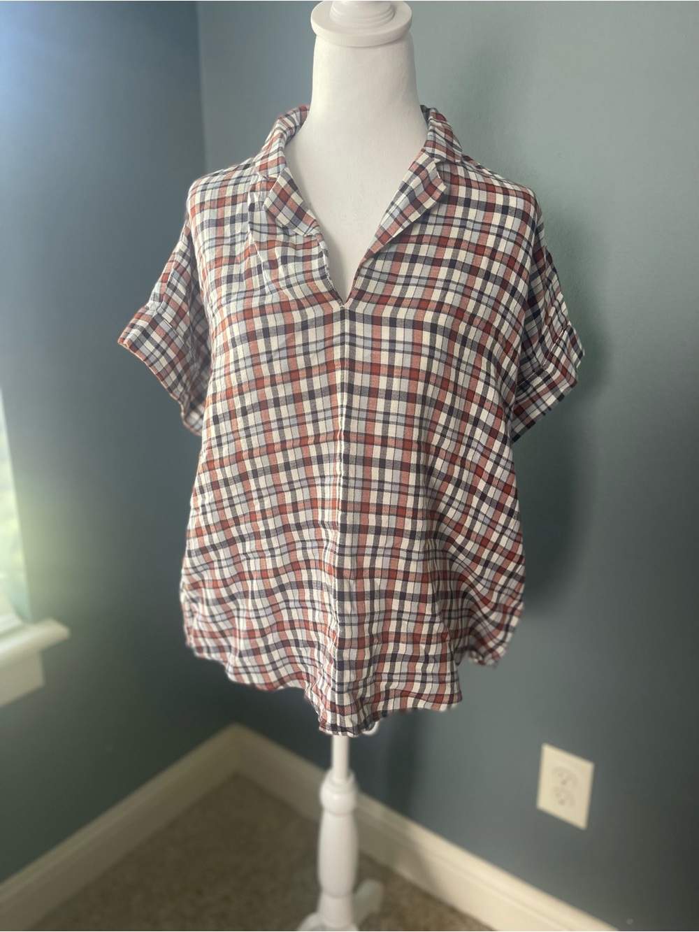 Madewell Plaid Popover Blouse Women’s Medium Short Sleeve Collared Relaxed Top
